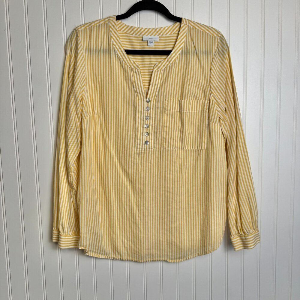 J Jill yellow white striped long sleeve V-neck blouse lightweight Medium K48
